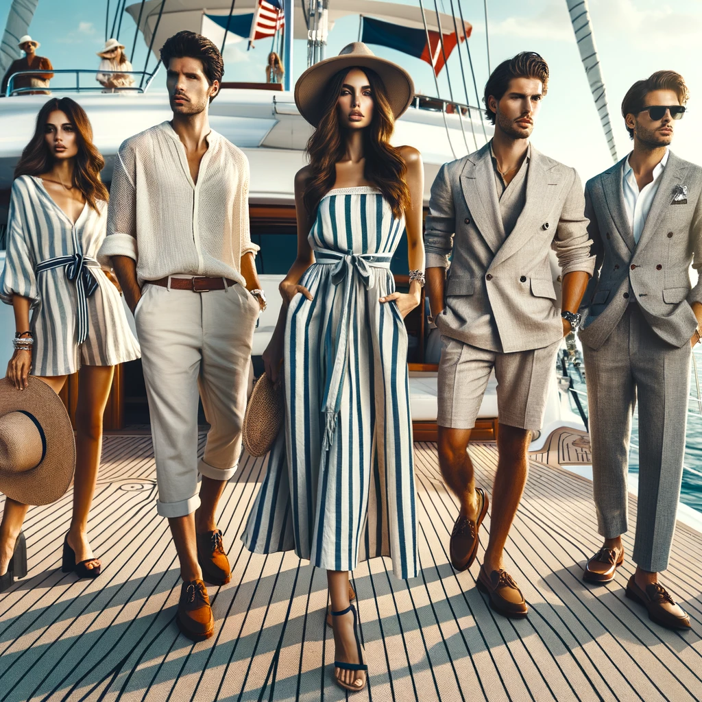 A luxurious yacht party scene featuring a diverse group of stylish individuals. The image includes: 1. A woman wearing an elegant maxi dress with nautical stripes, standing confidently. 2. A man dressed in a linen shirt and chinos, exuding casual elegance. 3. Another woman in a chic romper, accessorized with a wide-brim hat, looking effortlessly stylish. 4. A man in a smart casual suit with a lightweight blazer, representing a more formal yacht attire. The scene is set against the backdrop of a yacht deck with clear blue skies and calm seas, showcasing a variety of fashion styles suitable for a yacht party, including accessories like sunglasses, wide-brim hats, and boat shoes. The atmosphere is vibrant, elegant, and perfectly captures the essence of a high-end yacht party.