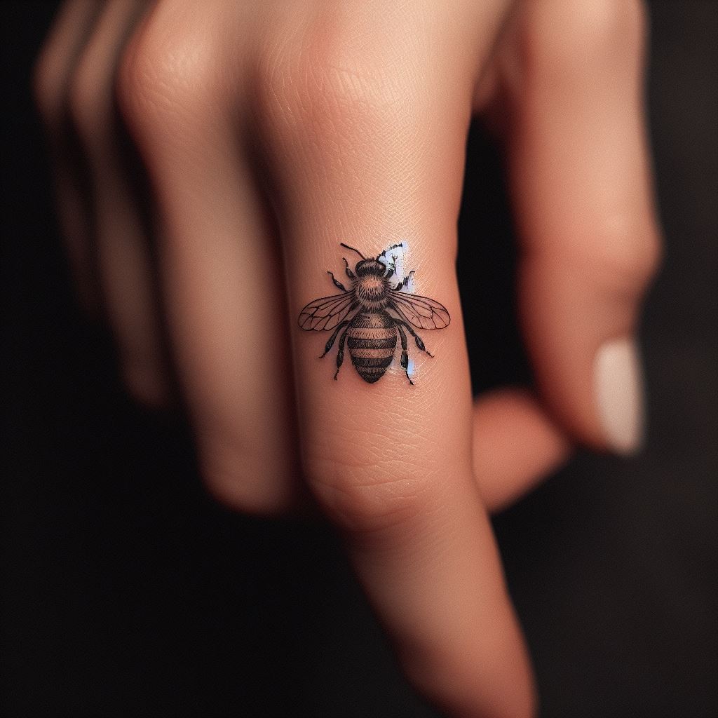 A tiny, detailed bee tattoo on the side of one finger, near the base. The bee should be depicted in mid-flight with its wings delicately detailed, symbolizing hard work, dedication, and community. This small tattoo is subtle yet meaningful, perfect for someone looking for a discreet first tattoo.