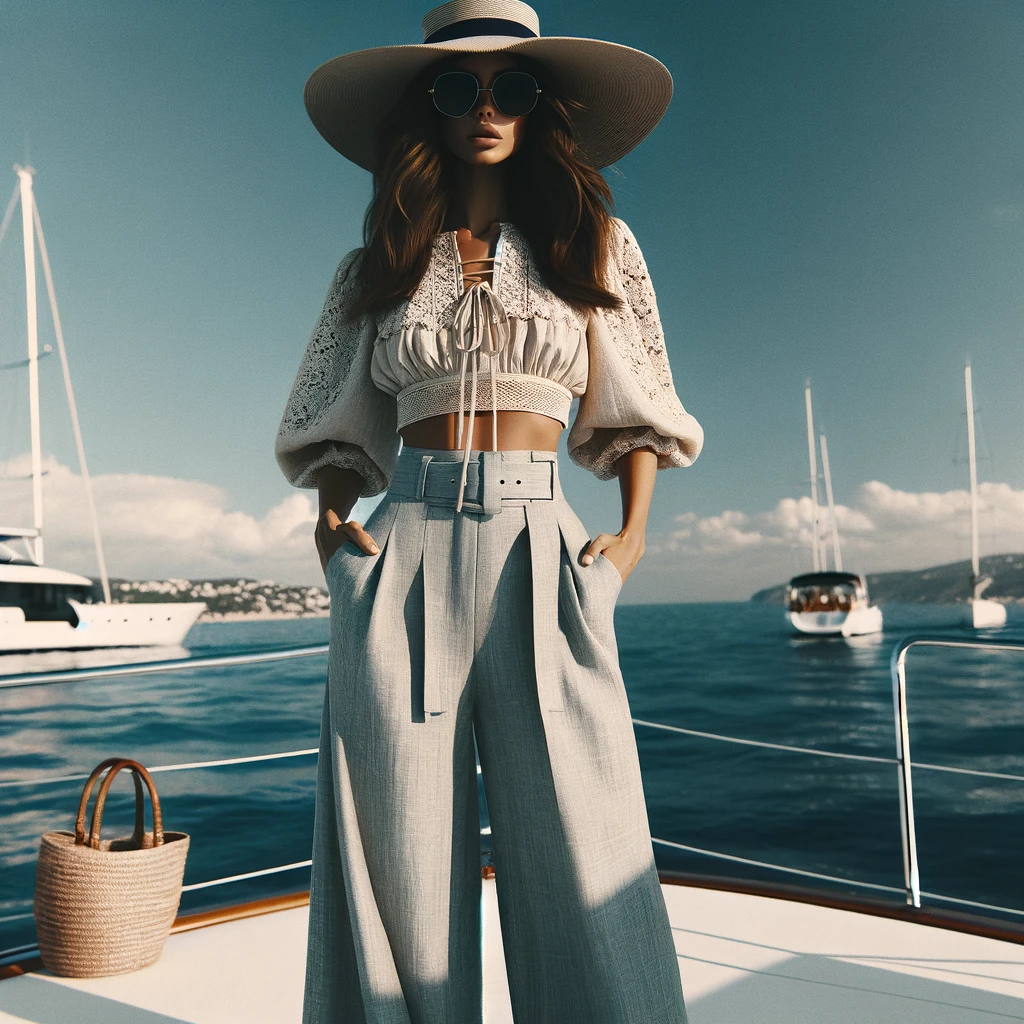A stylish outfit featuring high-waisted, wide-leg pants and a breezy crop top. The ensemble is accessorized with a wide-brim hat and statement sunglasses, embodying a perfect blend of comfort and chic for a yacht party. The outfit is set against a backdrop of clear blue skies and the ocean, capturing the essence of summer elegance. The wide-leg pants are in a light, airy fabric, and the crop top adds a touch of sophistication with its intricate design. This look is completed with espadrilles, showcasing a modern yet timeless appeal for an outdoor event.