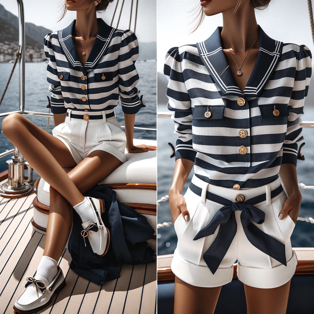 An elegant nautical-inspired outfit for a woman, featuring navy and white stripes with sailor buttons and crisp linen fabrics. The ensemble includes a striped sailor shirt paired with white shorts, complemented by stylish boat shoes or loafers. The look is accessorized with a simple, elegant necklace and a pair of chic sunglasses, perfect for a day at sea. The outfit captures the essence of maritime elegance, set against a backdrop of a yacht's deck and the expansive ocean, embodying the perfect blend of classic style and modern sophistication for a yacht party.