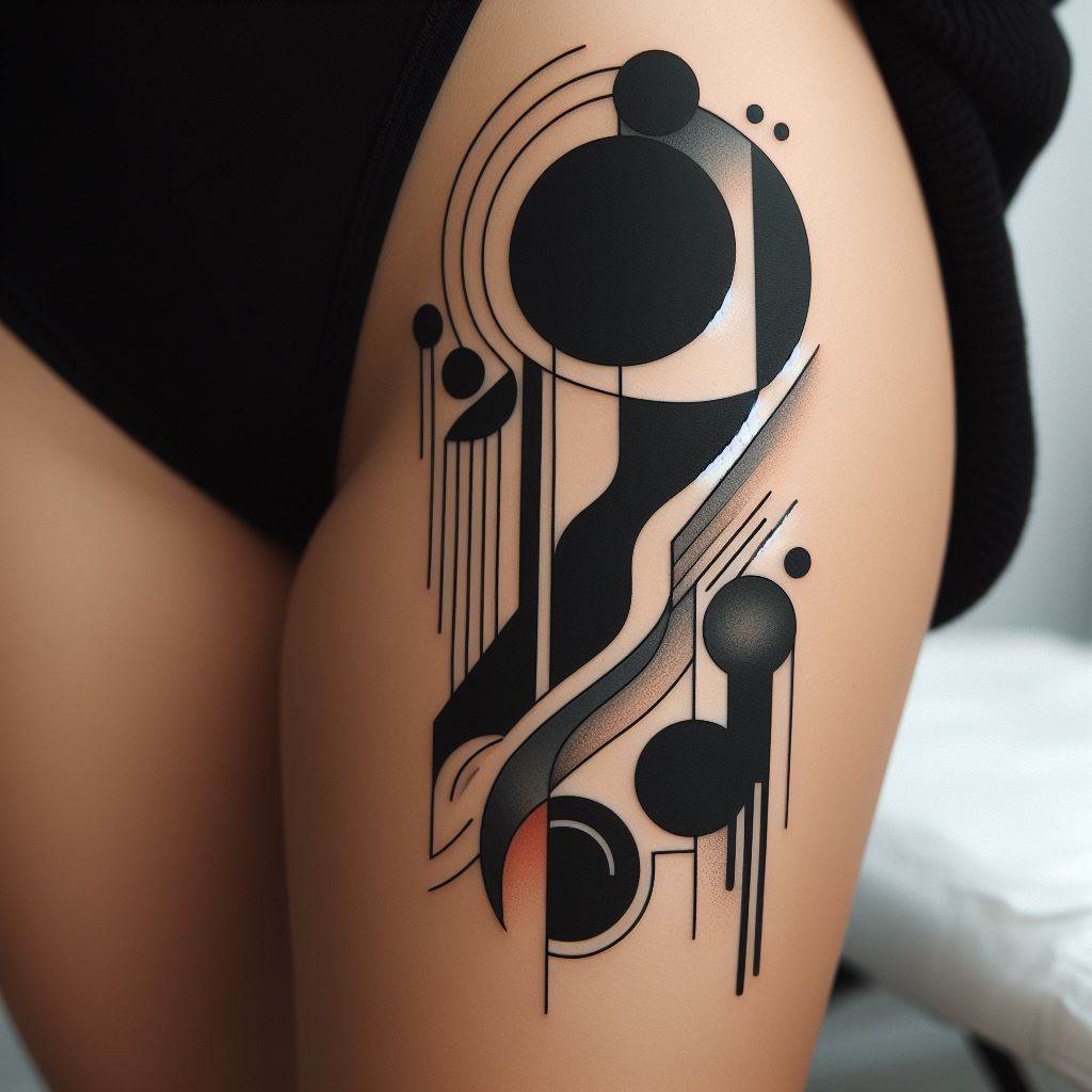 An abstract art piece tattooed on the thigh, incorporating bold shapes, lines, and a limited color palette of black, gray, and one accent color. The design should flow with the natural shape of the thigh, creating a statement piece that is both personal and artistic. This tattoo idea is for those who appreciate modern art and want their body to be a canvas for creative expression.