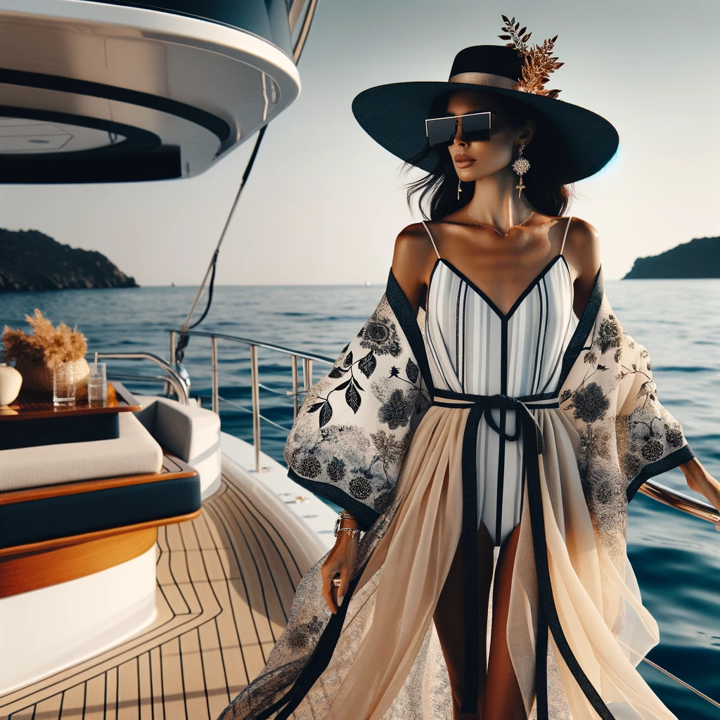 A stylish swimwear look for a yacht party, featuring an elegant swimsuit paired with a chic cover-up, such as a sarong, kaftan, or a sheer maxi dress. The outfit is accessorized with a wide-brim hat, trendy sunglasses, and minimalist jewelry, offering a perfect blend of beachwear elegance and protection from the sun. The backdrop includes the deck of a luxurious yacht, with the ocean's vast expanse stretching into the horizon, encapsulating the essence of summer and the freedom of the sea. This ensemble is designed for those who seek a balance between style and comfort while enjoying the luxurious yacht setting.