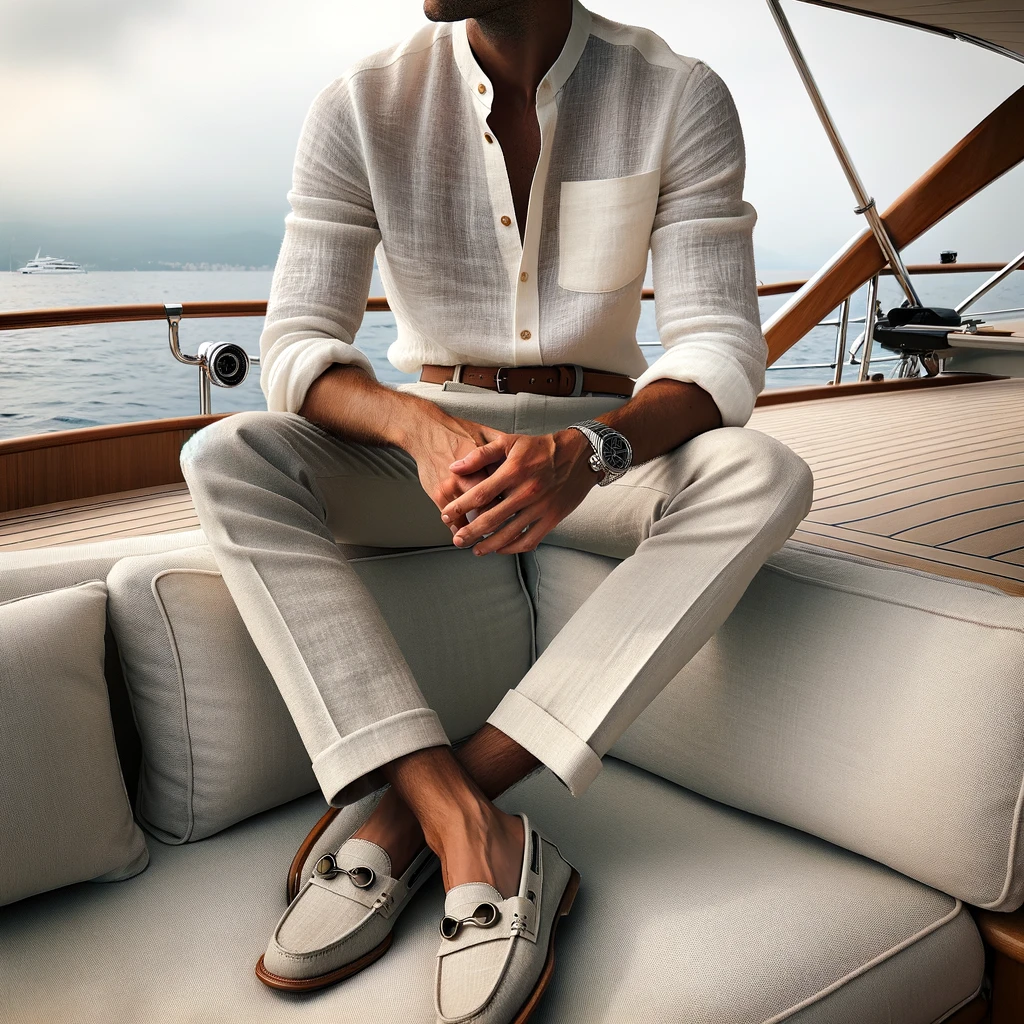 A casual yet sophisticated men's yacht party outfit, featuring a breathable linen shirt paired with chinos. The ensemble is in light colors like white, beige, or pastel shades, perfect for a summery vibe. The look is completed with comfortable loafers or boat shoes and accessorized with a stylish watch and sunglasses. This outfit captures the essence of relaxed elegance, set against the backdrop of a yacht's deck with the sea and sky in the background, offering a perfect combination of comfort, style, and practicality for enjoying a day at sea.