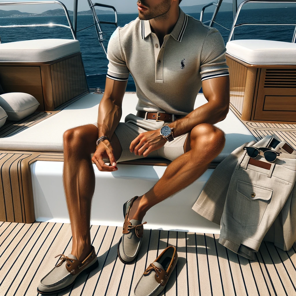 A classic men's yacht party look with a modern twist, featuring a polo shirt paired with tailored shorts. The outfit is styled in neutral colors or a subtle nautical stripe, complemented by boat shoes or loafers for a touch of elegance. Accessorized with a leather belt, a sleek watch, and sunglasses, this ensemble is perfect for a casual yet stylish day on the yacht. The setting showcases the relaxed atmosphere of a yacht deck, with the clear blue sea in the background, embodying the essence of leisure and sophistication for a day at sea.