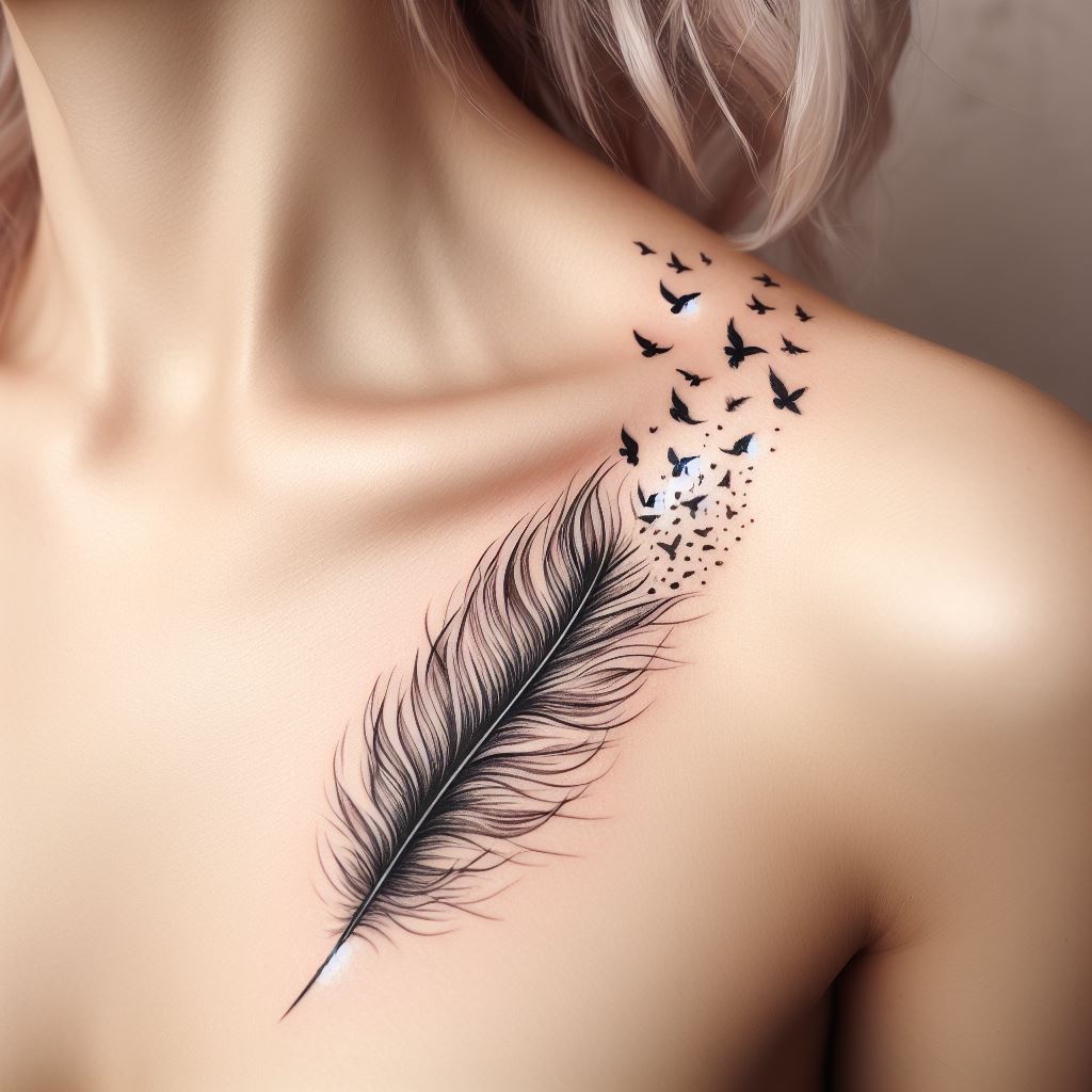A feather tattoo starting on the collarbone, with its tip disintegrating into a flock of tiny birds flying towards the shoulder. The design represents freedom, transformation, and the beauty of nature. It should be elegant and flowing, utilizing fine lines to create a sense of movement and lightness.