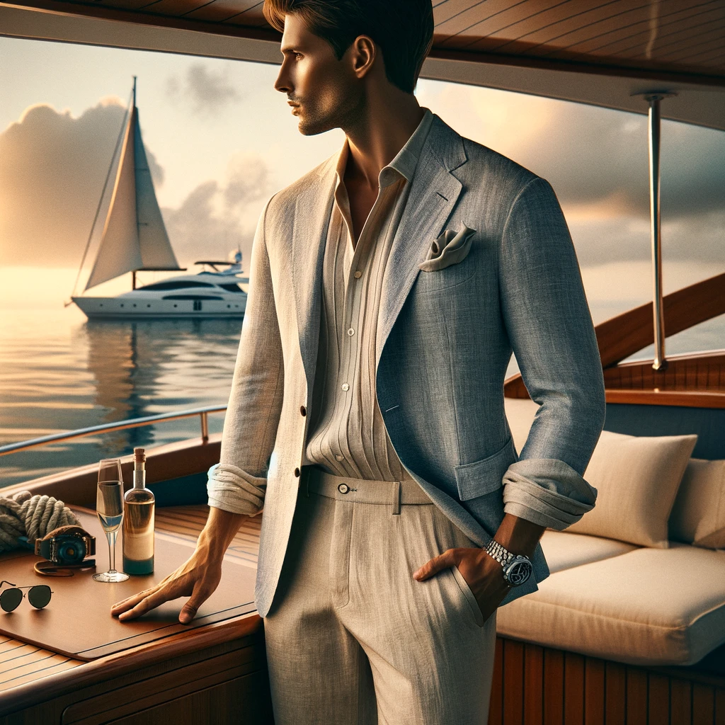 A men's yacht party outfit featuring a lightweight blazer over a linen shirt, paired with linen pants or chinos for an evening event. The ensemble is chosen in light, summery colors to reflect the casual elegance of a yacht setting. The look is completed with dress shoes or stylish loafers, and accessorized with a minimalistic watch and sunglasses. This outfit blends sophistication with comfort, ideal for a more formal yacht party. The background depicts a serene evening on the yacht, with the setting sun casting a golden glow over the sea, highlighting the outfit's elegance and the occasion's exclusivity.