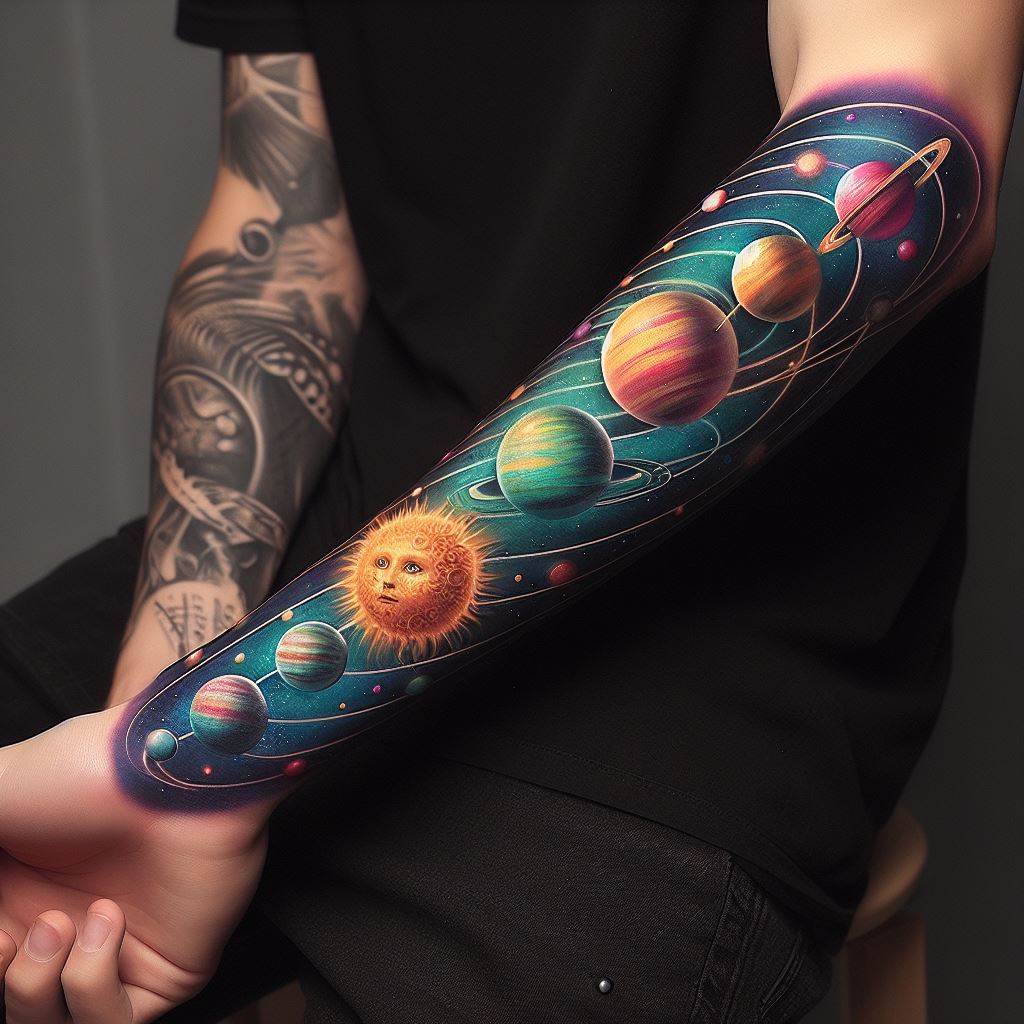 The solar system aligned along the forearm, with each planet represented by a different, vibrant color and size. The planets are connected by a swirling line that represents their orbits, creating a visually striking design that combines science and art. This tattoo is perfect for someone fascinated by space and the universe.