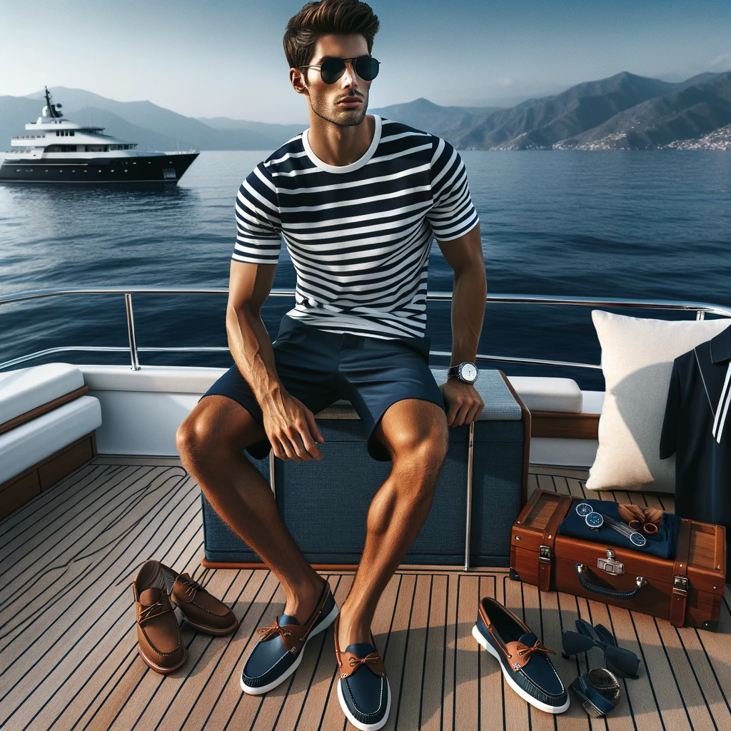 A stylish men's outfit embracing the nautical theme for a yacht party, featuring a striped T-shirt or polo paired with navy or white shorts. The look is completed with a pair of sunglasses, a casual watch, and boat shoes, reflecting a perfect blend of comfort and maritime style. This ensemble captures the essence of a relaxed, yet fashionable day at sea, set against the backdrop of a yacht deck and the vast ocean. The outfit showcases a modern interpretation of classic nautical aesthetics, ideal for enjoying the sea breeze and the company of friends on a sunny day.