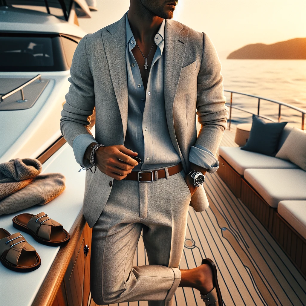 A sophisticated men's yacht party outfit, perfect for a more formal occasion. The ensemble features a light-colored suit in a breathable fabric like cotton or linen, paired with a light shirt, no tie, for a relaxed yet refined look. The outfit is complemented by dress sandals or loafers, and accessorized with a sleek watch and sunglasses, capturing the essence of effortless elegance. Set against the backdrop of a yacht's deck during the golden hour, this look combines the laid-back luxury of a sea voyage with contemporary style, making it ideal for enjoying an upscale gathering on the water.