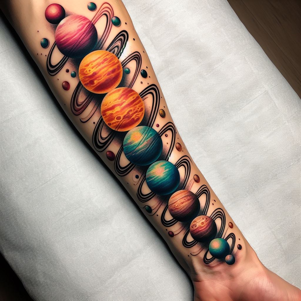 The solar system aligned along the forearm, with each planet represented by a different, vibrant color and size. The planets are connected by a swirling line that represents their orbits, creating a visually striking design that combines science and art. This tattoo is perfect for someone fascinated by space and the universe.