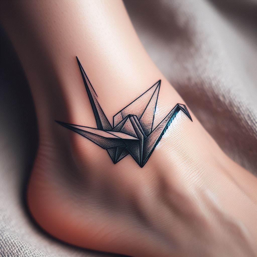 A small, origami crane tattoo on the ankle, symbolizing hope, healing, and the wish for peace. The crane should be designed with crisp, clean lines that mimic the folds of paper, with a splash of soft color to bring the design to life. This tattoo is a gentle reminder of the power of wishes and the beauty of simplicity.