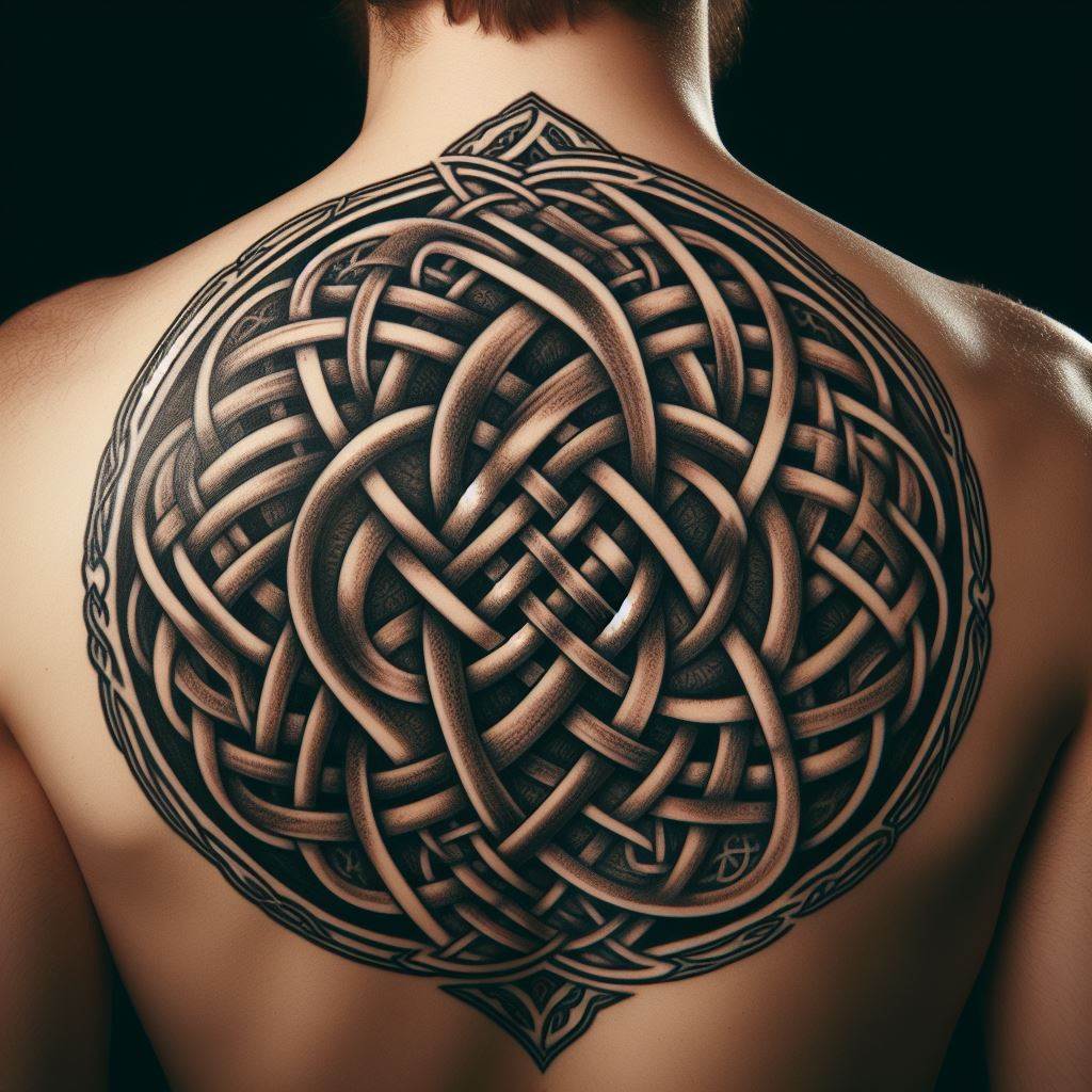 A large Celtic knot tattoo in the center of the back, just below the neck. The knot should be intricate, with no beginning or end, symbolizing eternity, loyalty, and the interconnectedness of life. The design is timeless and deeply rooted in history, offering a strong sense of heritage and identity.