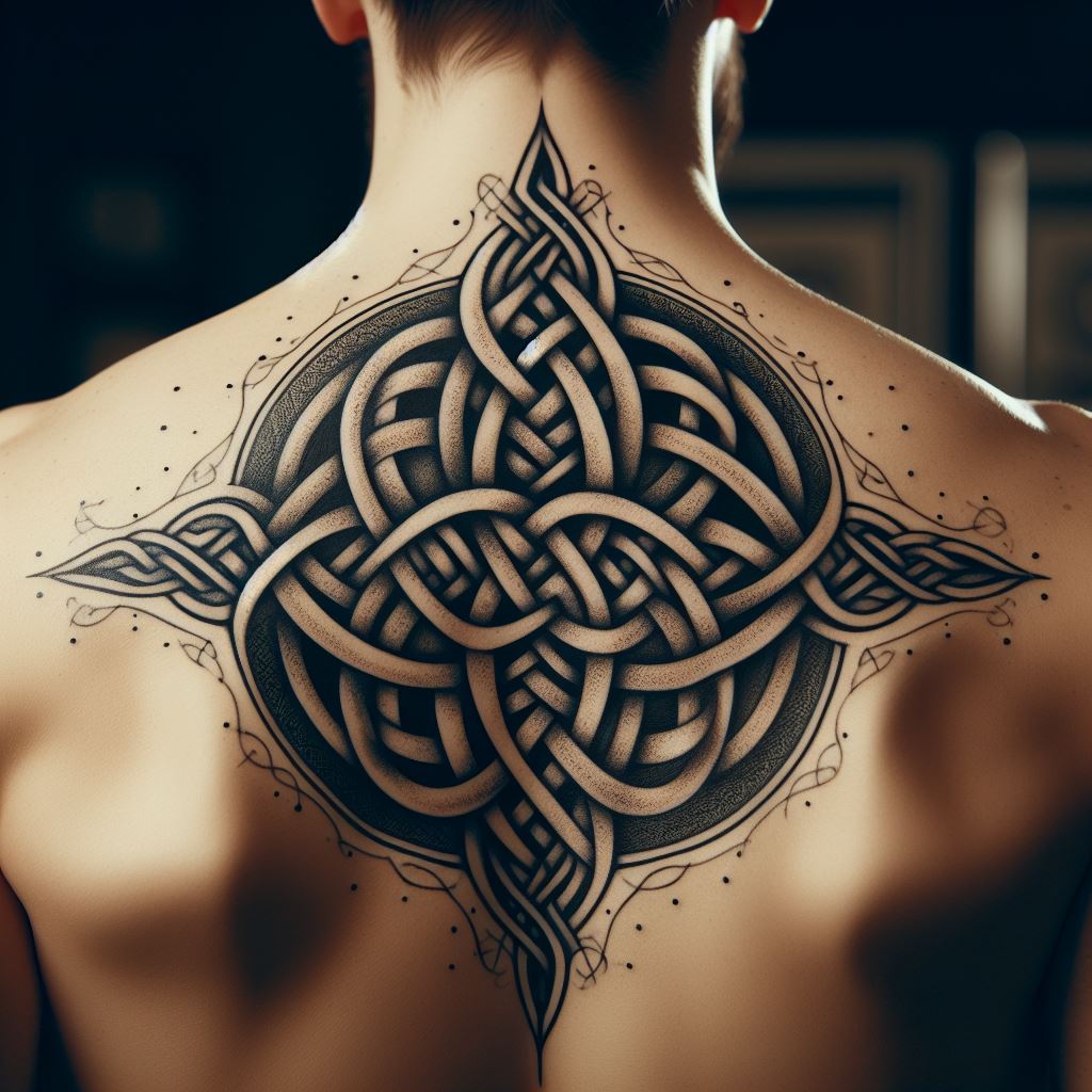 A large Celtic knot tattoo in the center of the back, just below the neck. The knot should be intricate, with no beginning or end, symbolizing eternity, loyalty, and the interconnectedness of life. The design is timeless and deeply rooted in history, offering a strong sense of heritage and identity.