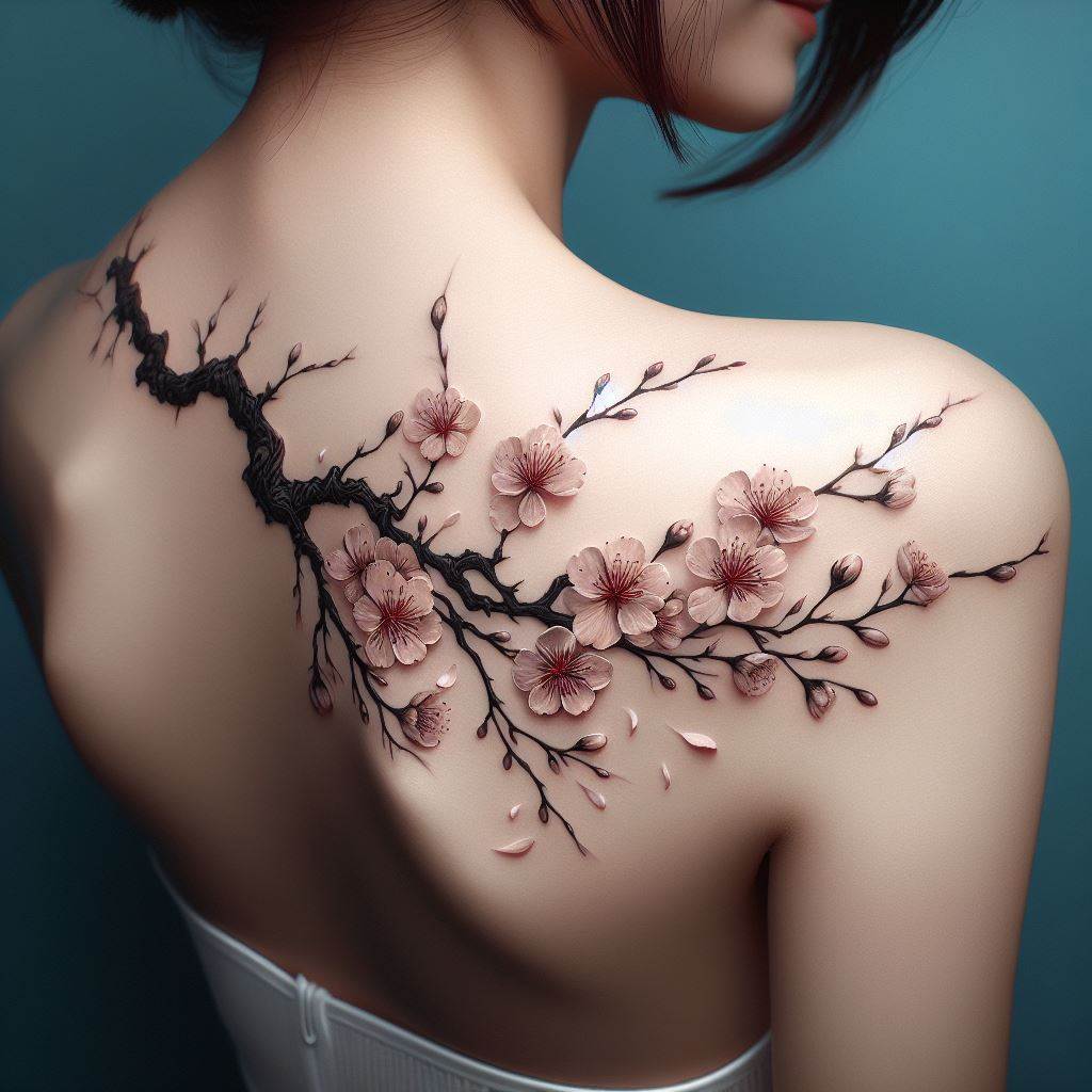 An elegant sakura (cherry blossom) branch that extends from the lower rib cage up to the shoulder, curving gently with the body's contours. The blossoms should be detailed and delicate, with a few petals falling down. This tattoo symbolizes beauty, the ephemeral nature of life, and renewal, making it a deeply meaningful choice for a first tattoo.
