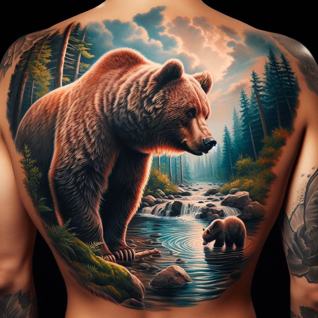 A large, captivating tattoo of a bear in the wild, covering the entire back. The scene captures a serene moment in a forest clearing, with the bear calmly drinking from a stream. The tattoo is rich in detail, from the bear's expressive eyes to the rippling water, and surrounded by a lush forest backdrop. This design should evoke a sense of peace and the beauty of nature, with every element rendered with lifelike precision.