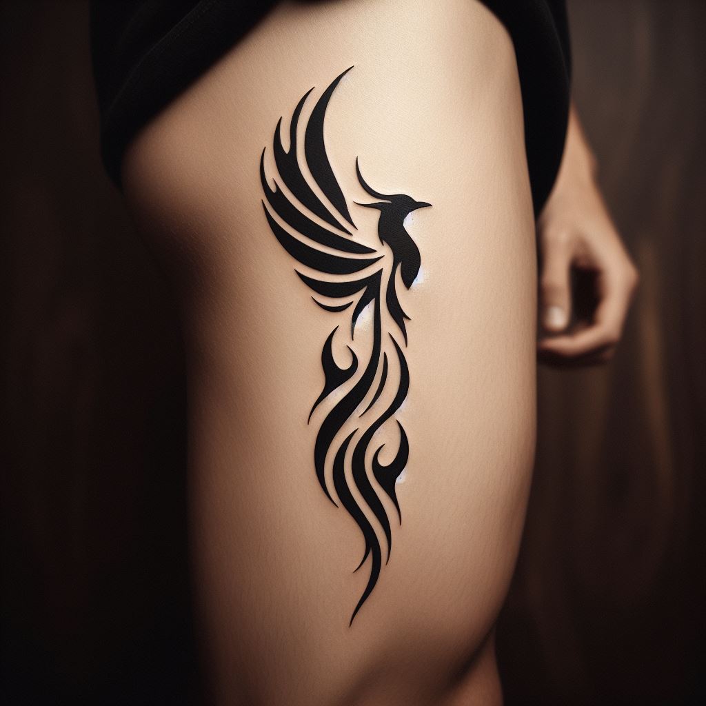 A minimalist phoenix rising from flames, located on the back of the calf. The design should be sleek and stylized, using clean lines to depict the phoenix's ascent. This tattoo symbolizes rebirth, resilience, and the ability to rise from adversity, offering a powerful message of hope and strength.