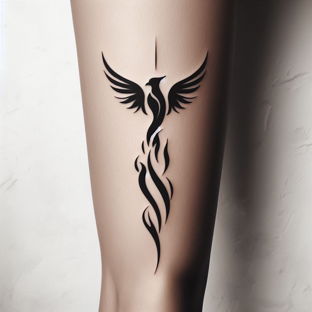 A minimalist phoenix rising from flames, located on the back of the calf. The design should be sleek and stylized, using clean lines to depict the phoenix's ascent. This tattoo symbolizes rebirth, resilience, and the ability to rise from adversity, offering a powerful message of hope and strength.