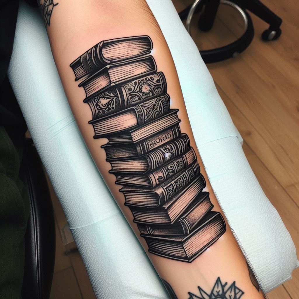 A stack of books, each with a spine detailed to suggest titles or motifs that are personal to the wearer, tattooed on the inner forearm. This design celebrates a love for reading, knowledge, and the stories that shape us. It's perfect for book lovers and lifelong learners, symbolizing the journey of discovery through literature.