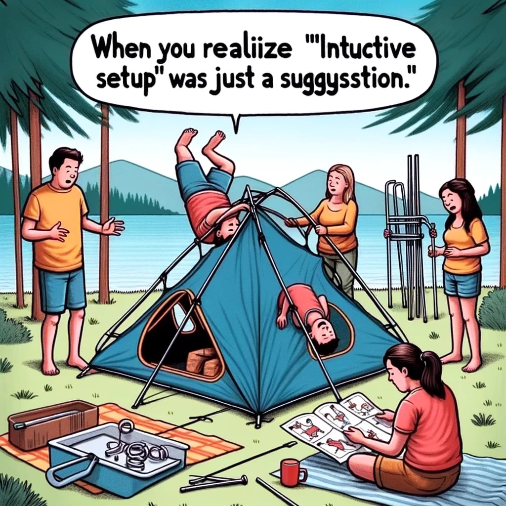 A humorous illustration of a camping trip gone awry, with a family trying to set up a tent for the first time. The tent is upside down, and one family member is reading the instructions upside down while others struggle with the poles. Caption: "When you realize 'intuitive setup' was just a suggestion."
