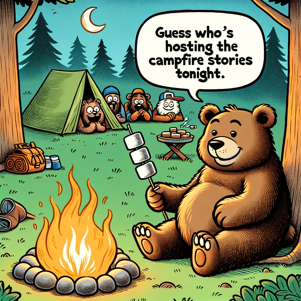 Cartoon of a bear sitting comfortably by a campfire, roasting marshmallows on a stick, with a tent and camping gear scattered in the background. Nearby campers are hiding behind trees, watching in disbelief. Caption: "Guess who's hosting the campfire stories tonight."