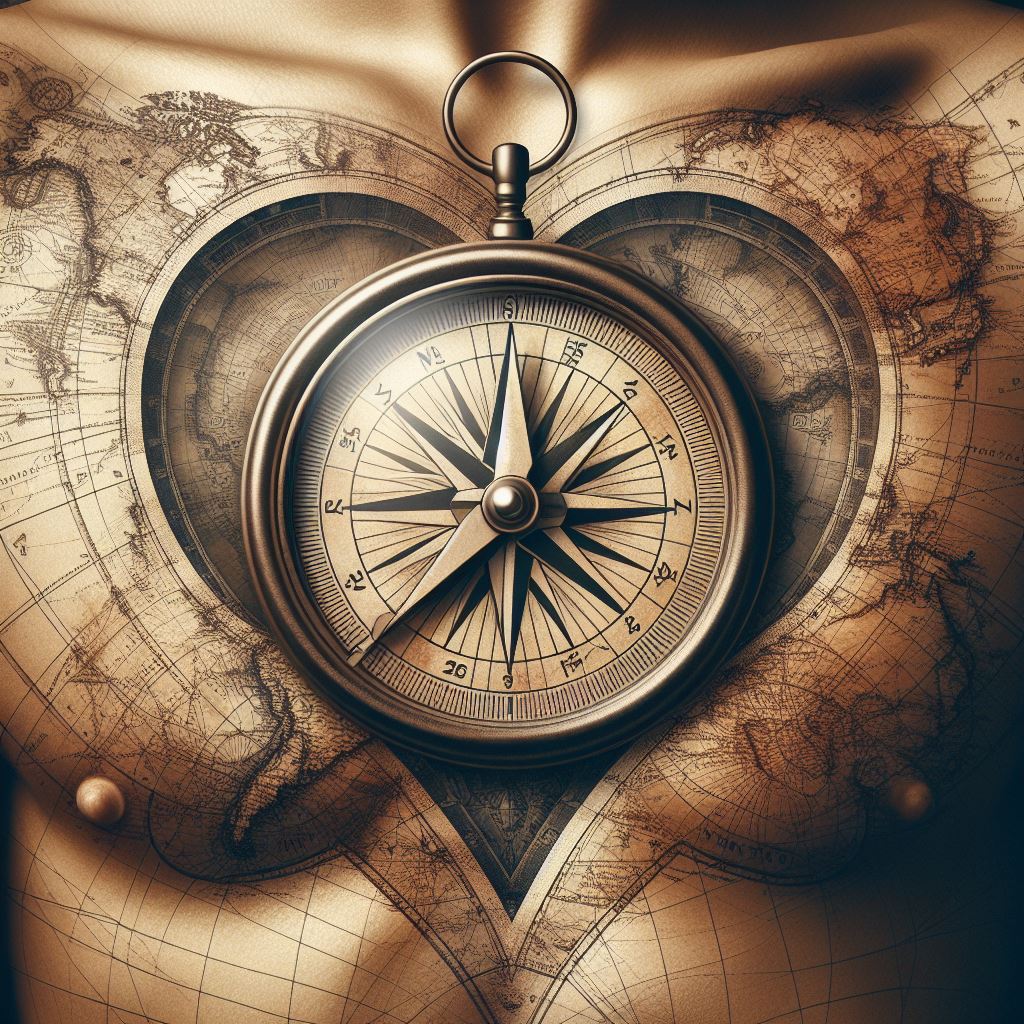 A detailed nautical compass overlaying a vintage map background, positioned over the heart on the left side of the chest. The map should be subtly detailed, hinting at unexplored territories and adventures, while the compass points towards the wearer's heart, symbolizing guidance and a personal quest for discovery.