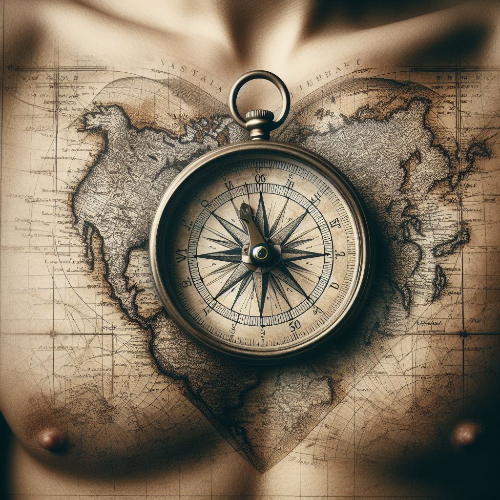 A detailed nautical compass overlaying a vintage map background, positioned over the heart on the left side of the chest. The map should be subtly detailed, hinting at unexplored territories and adventures, while the compass points towards the wearer's heart, symbolizing guidance and a personal quest for discovery.
