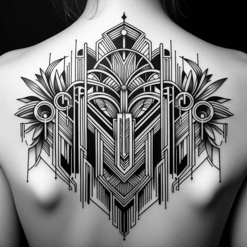An Art Deco-inspired tattoo design on the upper back, featuring geometric shapes, sharp lines, and symmetrical forms. This piece should capture the elegance and sophistication of the Art Deco era, with a touch of modernity. It’s perfect for those who appreciate vintage aesthetics and want a tattoo that combines history with personal style.