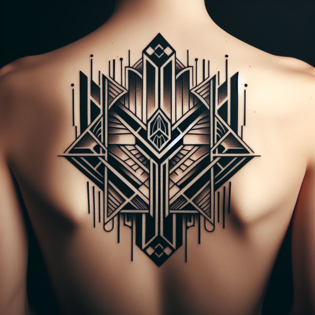 An Art Deco-inspired tattoo design on the upper back, featuring geometric shapes, sharp lines, and symmetrical forms. This piece should capture the elegance and sophistication of the Art Deco era, with a touch of modernity. It’s perfect for those who appreciate vintage aesthetics and want a tattoo that combines history with personal style.
