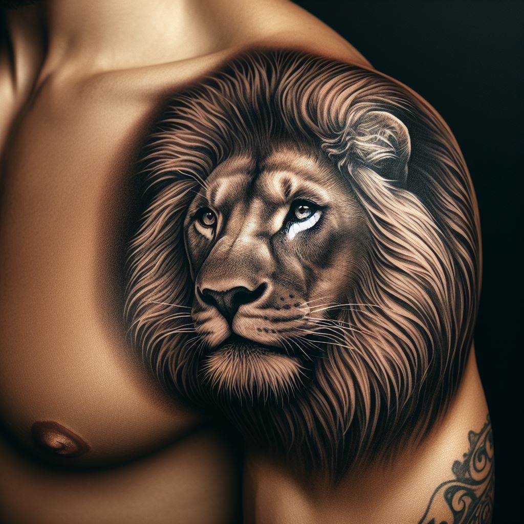 A majestic lion portrait on the shoulder blade, with detailed mane and expressive eyes that convey strength and royalty. The tattoo should capture the essence of the lion’s majesty, using shading and line work to create a lifelike and powerful image. This tattoo represents courage, pride, and leadership.
