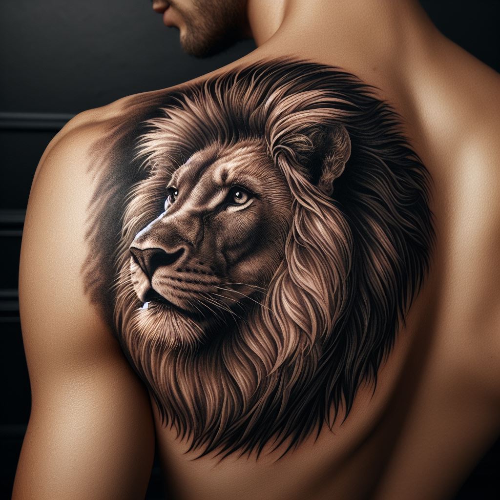 A majestic lion portrait on the shoulder blade, with detailed mane and expressive eyes that convey strength and royalty. The tattoo should capture the essence of the lion’s majesty, using shading and line work to create a lifelike and powerful image. This tattoo represents courage, pride, and leadership.