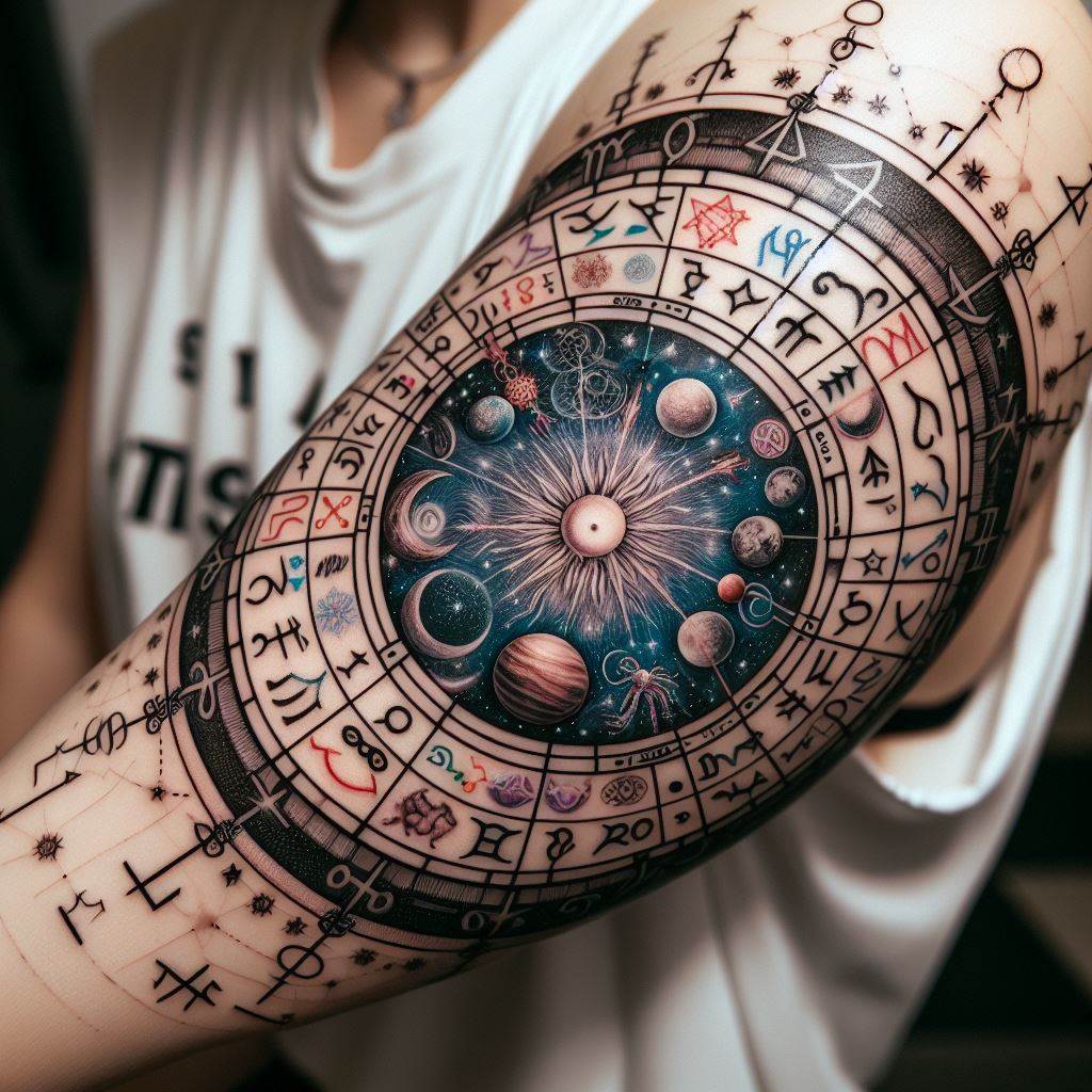 A personalized astrological chart, complete with zodiac signs, planets, and astrological symbols that are meaningful to the wearer, tattooed on the inner bicep. This tattoo merges personal significance with cosmic influence, making it a unique and deeply personal representation of one’s identity and path in life.