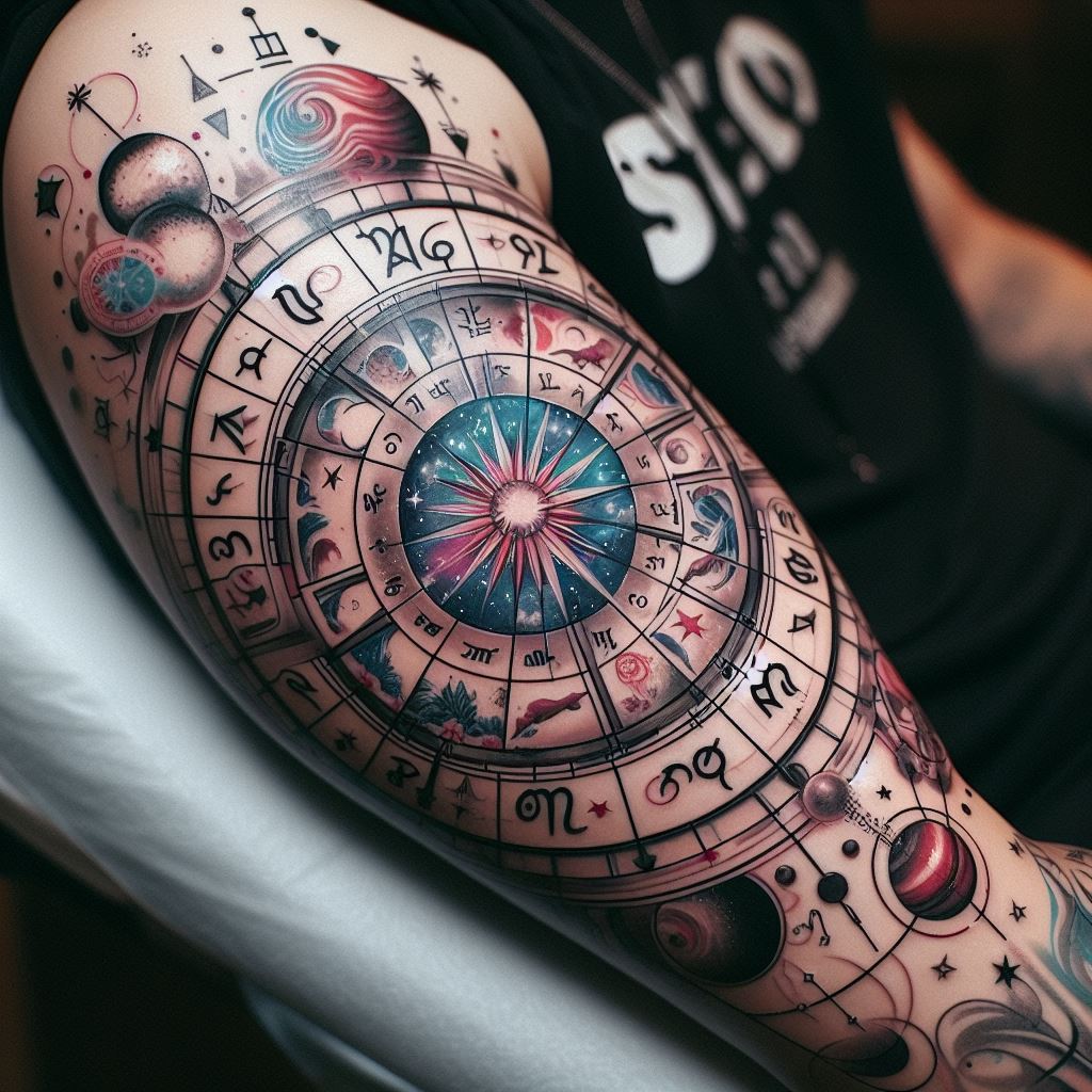 A personalized astrological chart, complete with zodiac signs, planets, and astrological symbols that are meaningful to the wearer, tattooed on the inner bicep. This tattoo merges personal significance with cosmic influence, making it a unique and deeply personal representation of one’s identity and path in life.