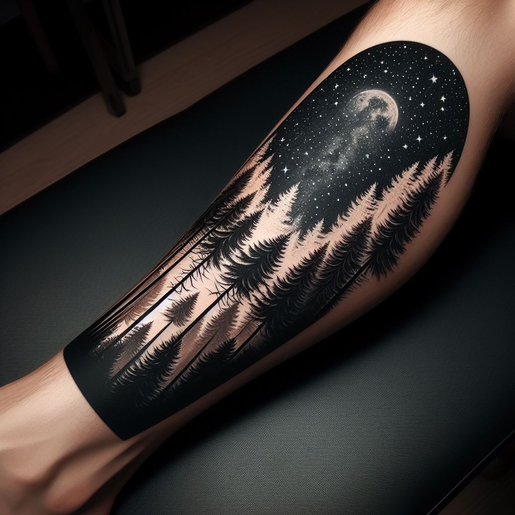 A panoramic forest silhouette wrapping around the lower leg, featuring a variety of trees with detailed trunks and branches against a starry night sky background. This tattoo connects the wearer to nature, symbolizing growth, serenity, and the mystery of the natural world.