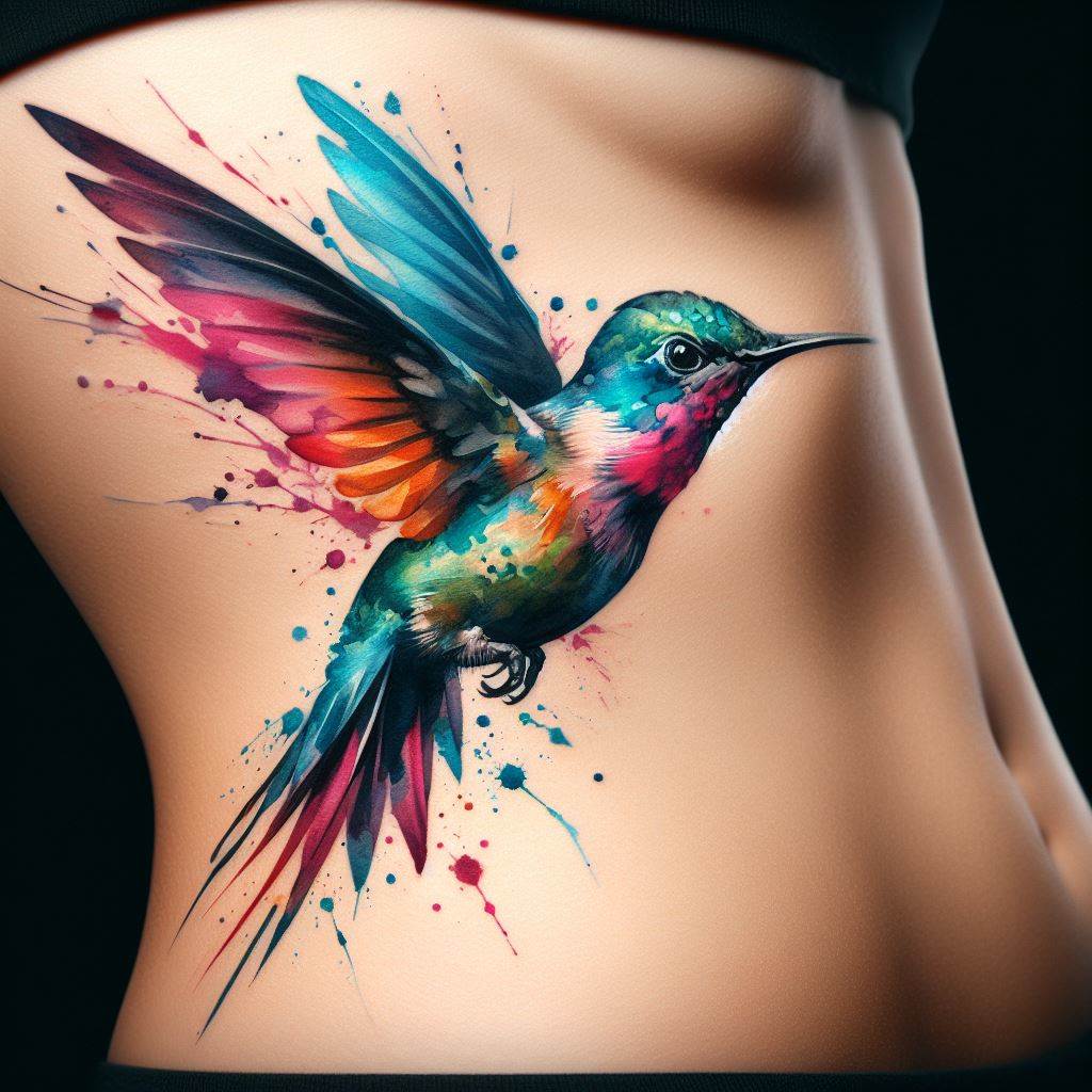 A vibrant watercolor hummingbird in mid-flight, its wings a blur of colors, positioned on the side of the rib cage. The tattoo should capture the energy and grace of the hummingbird, with splashes of color that blend seamlessly, symbolizing joy, resilience, and the ability to overcome challenges.