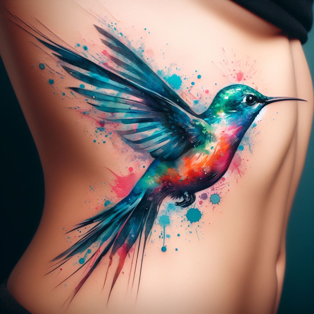 A vibrant watercolor hummingbird in mid-flight, its wings a blur of colors, positioned on the side of the rib cage. The tattoo should capture the energy and grace of the hummingbird, with splashes of color that blend seamlessly, symbolizing joy, resilience, and the ability to overcome challenges.