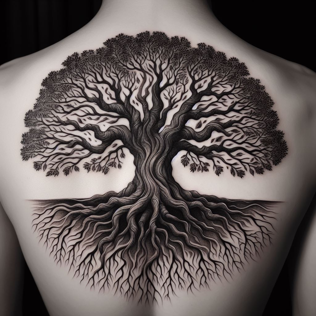 An ancient tree, its branches reaching upwards and roots extending deep into the ground, covering the entirety of the back. This tattoo represents stability, growth, and connection to one's roots. The detailed bark and leaf patterns should add texture and depth, making the tree appear majestic and alive.