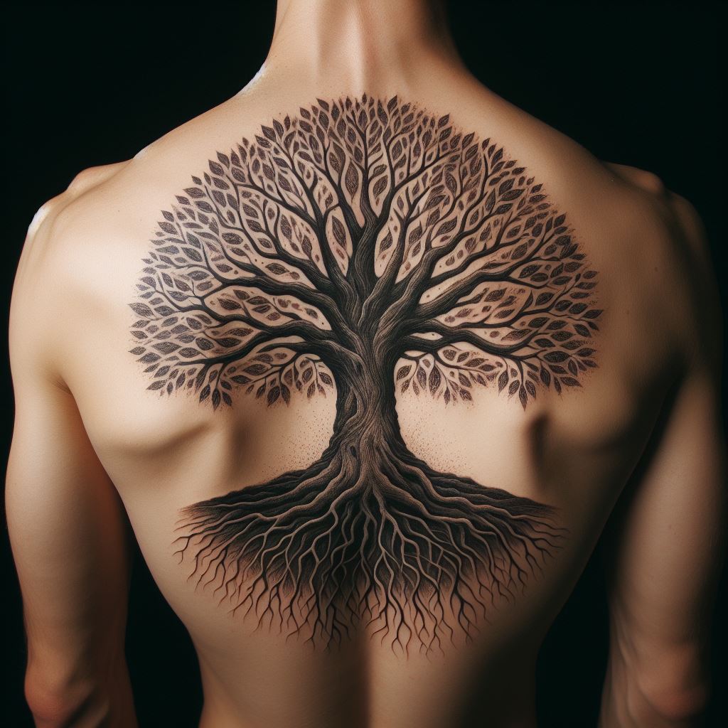 An ancient tree, its branches reaching upwards and roots extending deep into the ground, covering the entirety of the back. This tattoo represents stability, growth, and connection to one's roots. The detailed bark and leaf patterns should add texture and depth, making the tree appear majestic and alive.