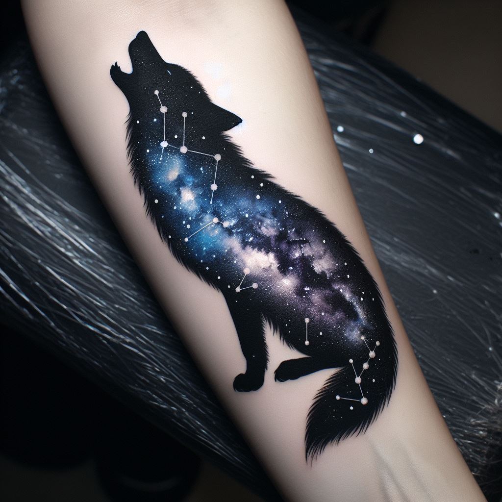 A silhouette of a wolf howling, filled with a starry night sky, located on the forearm. The stars should be connected with delicate constellations, and the Milky Way's soft glow should illuminate from within the wolf. This tattoo blends the wild spirit of the wolf with the mystery of the cosmos, symbolizing freedom and the pursuit of one's dreams.