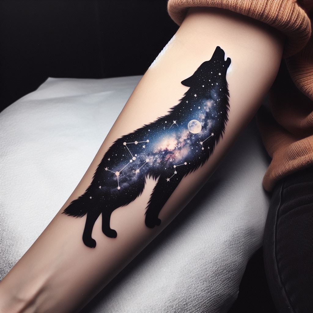 A silhouette of a wolf howling, filled with a starry night sky, located on the forearm. The stars should be connected with delicate constellations, and the Milky Way's soft glow should illuminate from within the wolf. This tattoo blends the wild spirit of the wolf with the mystery of the cosmos, symbolizing freedom and the pursuit of one's dreams.