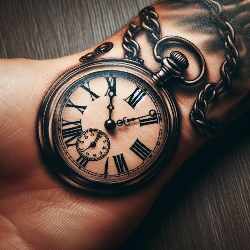 A vintage pocket watch, its hands fixed on a significant time for the wearer, tattooed on the inner wrist. The watch should include intricate details like roman numerals and a chain, symbolizing the importance of time, memory, and personal milestones.