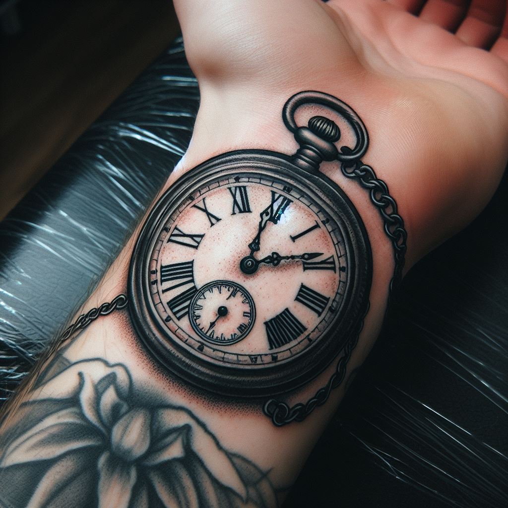 A vintage pocket watch, its hands fixed on a significant time for the wearer, tattooed on the inner wrist. The watch should include intricate details like roman numerals and a chain, symbolizing the importance of time, memory, and personal milestones.