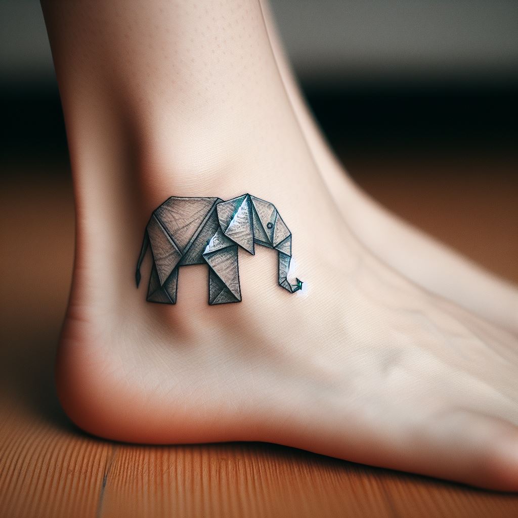 A small, origami elephant tattoo on the ankle, its folds and creases detailed to suggest a paper-like texture. The elephant symbolizes strength, family, and wisdom, with the origami aspect adding a touch of creativity and the beauty of simplicity. This design is perfect for someone who values these qualities and prefers a minimalist aesthetic.