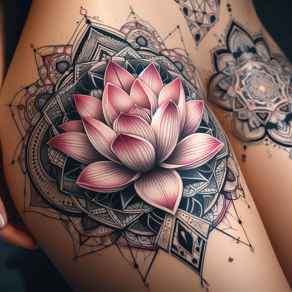 A lotus flower opening its petals, surrounded by geometric patterns and mandala elements, placed on the upper thigh. The lotus should appear serene and vibrant, symbolizing purity, enlightenment, and rebirth amidst adversity. The geometric patterns add a layer of complexity and personal meaning to the design.