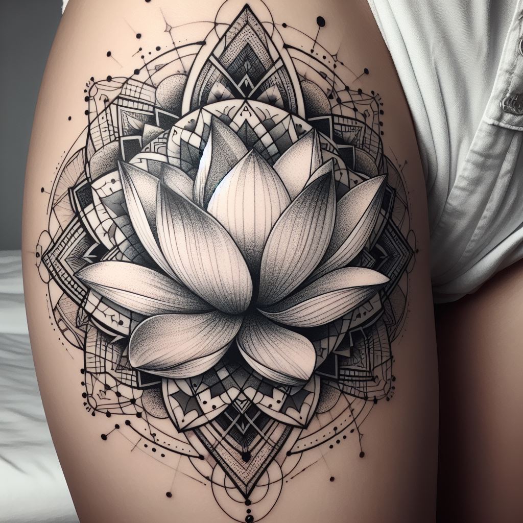 A lotus flower opening its petals, surrounded by geometric patterns and mandala elements, placed on the upper thigh. The lotus should appear serene and vibrant, symbolizing purity, enlightenment, and rebirth amidst adversity. The geometric patterns add a layer of complexity and personal meaning to the design.