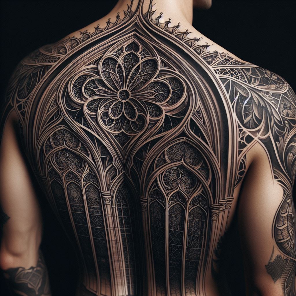 A detailed Gothic cathedral window, its intricate tracery and stained glass patterns running along the spine. The tattoo should capture the elegance and spirituality of Gothic architecture, symbolizing faith, beauty, and the complexity of human creativity.