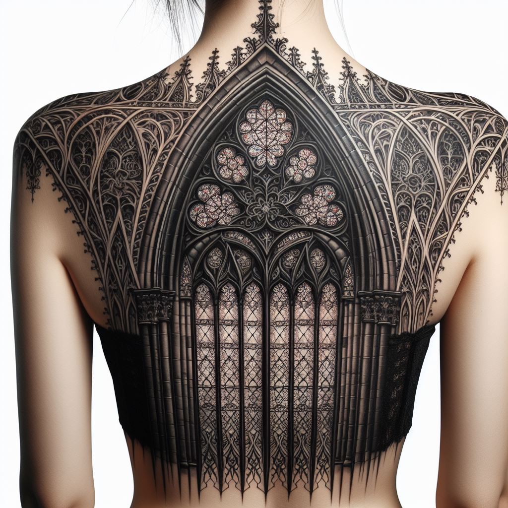 A detailed Gothic cathedral window, its intricate tracery and stained glass patterns running along the spine. The tattoo should capture the elegance and spirituality of Gothic architecture, symbolizing faith, beauty, and the complexity of human creativity.