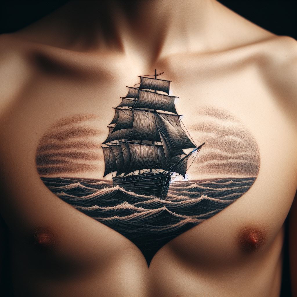 A sailing ship on the horizon, positioned on the chest, right over the heart. The sea should be depicted in calm and stormy states, symbolizing life's journey, adventures, and the courage to navigate through challenges. The ship, detailed and majestic, stands as a testament to resilience and the pursuit of dreams.