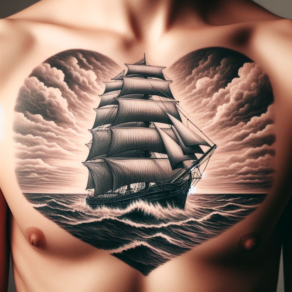 A sailing ship on the horizon, positioned on the chest, right over the heart. The sea should be depicted in calm and stormy states, symbolizing life's journey, adventures, and the courage to navigate through challenges. The ship, detailed and majestic, stands as a testament to resilience and the pursuit of dreams.