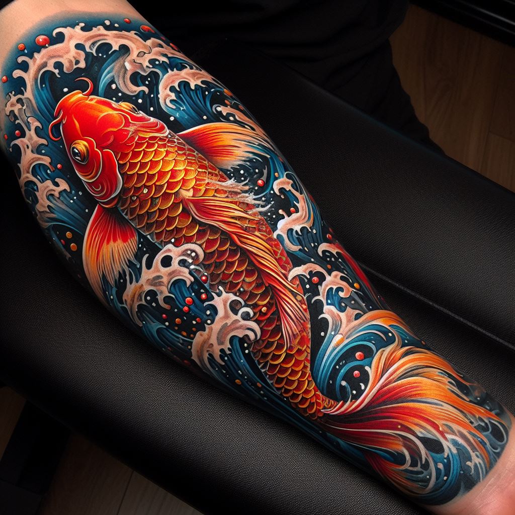 A vibrant, detailed Koi fish tattoo in traditional Japanese style, wrapping around the forearm. The Koi fish should be depicted swimming upstream amidst raging water, symbolizing perseverance and strength. Include intricate scales and flowing fins, with splashes of orange, red, and gold against deep blue water. The tattoo should cover the forearm from the wrist to the elbow, showcasing the movement and grace of the Koi.