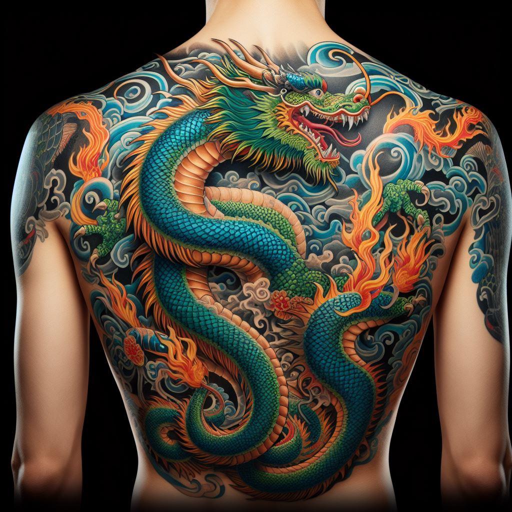 A majestic, full-back Japanese dragon tattoo. The dragon should be drawn in a classic Irezumi style, with scales in shades of green and blue, and flames surrounding it in hues of red and yellow. The tattoo should start from the shoulders, with the dragon's head positioned at the top and its body winding down the spine, culminating at the lower back. The dragon's claws and whiskers should be detailed, embodying power and wisdom.